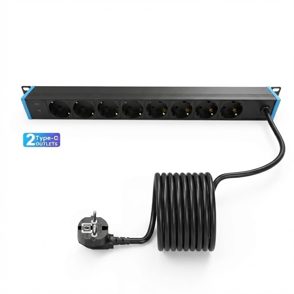 INSV1002USBC Infitronic 19" PDU/listwa zasilająca 1U, 8-krotna, obracana o 360°, 2 x USB-C, 3680 W/16 A, aluminiowa, do montażu na ścianie i szafie serwerowej, czarna