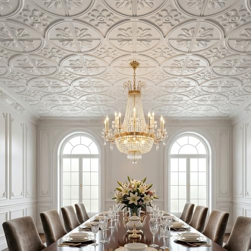 Image of Kayra Decor PVC Ceiling Panel 60x60 cm|Ornamental Floral Panel|White|12 Tiles Cover 48 Sq Ft| Modern False Ceiling|Royal & Elegant Finish