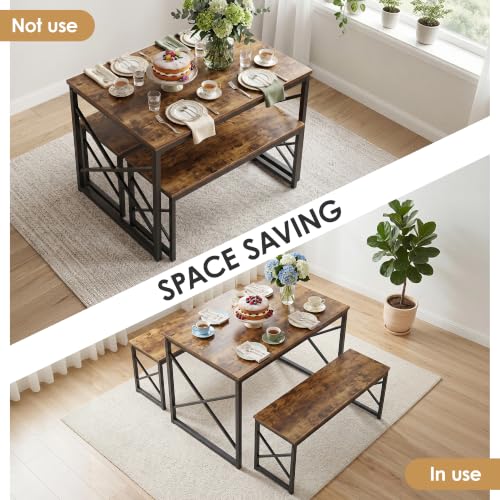 Image of VECELO 43.3 inch Kitchen Dining Table Set for 4, Heavy-Duty Steel Frame & Wood-Grain Tabletop, Space-Saving Dinette Sets with 2 Benches for Breakfast Nook and Small Space, Brown