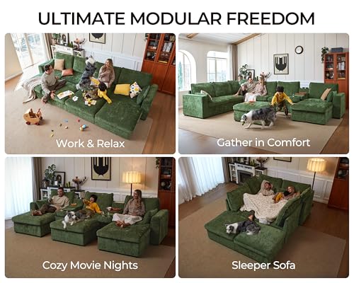 Image of 169.7'' Oversized Modular Sofa Set Cloud Couch with Versatile Console, Side Table with Charging Storage Cup Holder, Hardware Connected, U-Shaped 8-Seater Sectional Couch, Chenille, Green