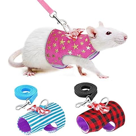 Stock Show Small Pet Outdoor Walking Harness Vest and Leash Set with Cute Bowknot Decor Chest Strap Harness for Rat Ferret Squirrel Hamster Clothes Accessory, Pink Star Cover