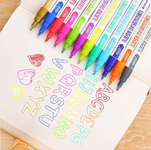 Doodle Dazzle Markers,12 Colors Outline Metallic Markers Double Line Pensï¼Œ Permanent Markers Pens for Art, Drawing, Greeting Cards,Rock Painting, Kid Journal, Metal, Wood Ceramic, Glass