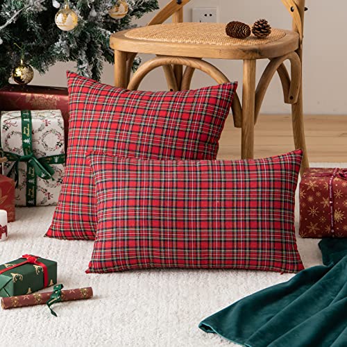 Image of AQOTHES Christmas Plaid Decorative Throw Pillow Covers Red 12x20 Inches