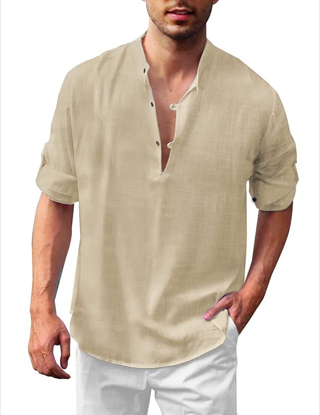 Mens Roll Long Sleeve Henley Shirts Linen Cotton Botton Down Beach Hippie Shirt Lightweight Curved Hem Tee Shirt
