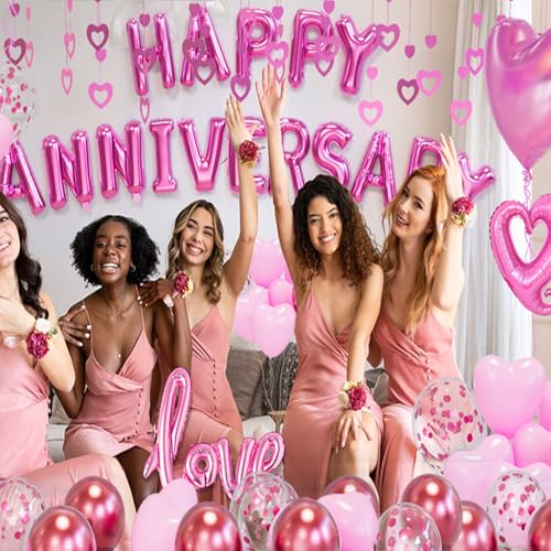 Happy Anniversary Decorations Pink, Happy Anniversary Banner, Pink Heart Balloons, Love Foil Balloon