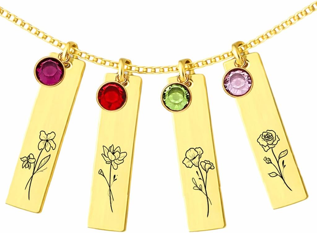 Personalized Family Birth Flower & Birthstone Necklace – Up to 8 Flower Charms Representing Children – Engraved Christmas, Birthday Gift for Mom, Grandma, or Wife – Family Keepsake