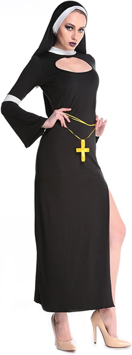 GRAJTCIN Halloween Nun Costume for Women Plus Size 4-Pcs Mother Cosplay Dress Scary Nun Habit