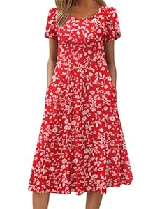 Zeagoo Robe Été Femme Manches Courtes A‑Line avec Poches Légère et Élégante pour Printemps Été Imprimé Rouge XL