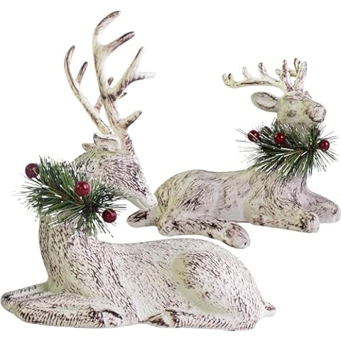 Benzoyl Christmas Sitting Reindeer Figurine, Tabletop Christmas Decoration Articles Display with Red Berry Pine Needle Wreath for Home Office, Set of 2 Cover