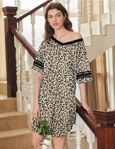 Image of Ekouaer Nightgowns for Women 2 Pack Sleepshirts Short Sleeve Nightshirt V Neck Sleepwear Casual Pajama Dress
