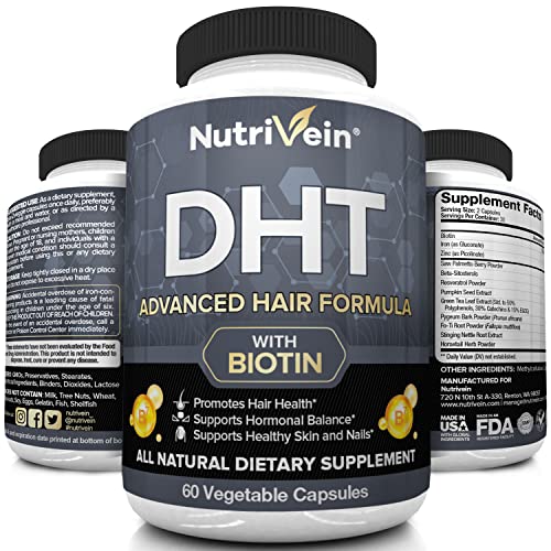 Nutrivein DHT Blocker with Biotin - Boosts Hair Growth & New Follicle Growth for Men and Women - 30 Day Supply (60 Capsules, Two Daily)