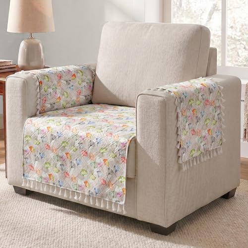 Image of Story@Home Quilted Anti Slip Sofa Cover Mat with 2 Armrest Cover, 1 Seater Velvet Sofa Protector with Tassels | Sofa Cover Mat for 1 /2 /3 Seater & L-Shape Sofa - 76 x 61 Cm - White & Multi Color