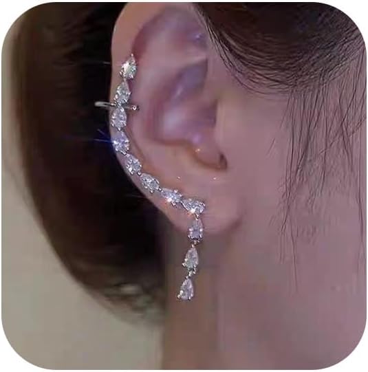 Diomand Ear Crawler Earrings for Women, Silver Rhinestone Ear Cuff Sparkly Diomand Bridal Wedding Climber Ear Wrap Prom Ball Earring Jewelry for Women