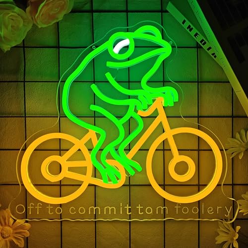 hhuohuona Off To Commit Tomfoolery Frog Neon Sign Dimmable Funny Frog Led Signs for Bedroom Wall Frogs Riding Bike Light Up Sign Whimsical Aesthetic Led Wall Decor by hhuohuona - Used condition - Image 4