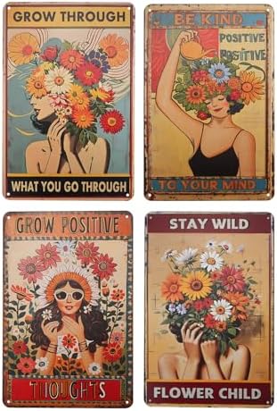 4PCS Vintage Tin Metal Sign, Boho Inspirational Wall Art Signs De...