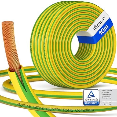 hb-digital 10m Erdungskabel 16mm² H07V-K – flexible Kupfer Litze Einzelader PV Erdungsleitung für Solar Photovoltaik Energie Elektro feindrahtige Aderleitung 1x16mm² PVC - Grün-Gelbe