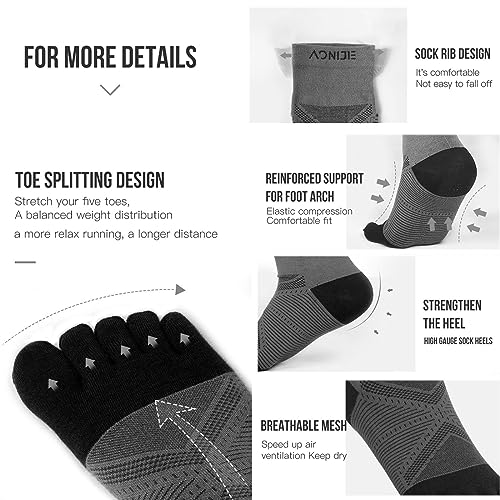 AONIJIE 3 Pairs Men\'s Women\'s Toe Socks Athletic Running Coolmax Five Finger Quarter Sock, Soft Comfortable Breathable, Black grey-Medium - Thumbnail 4