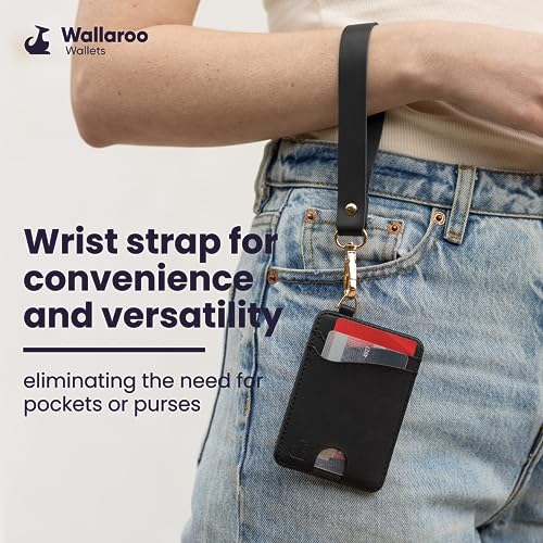 Image of Wallaroo Wallets Premium Leather Women's Wristlet Wallet Slim Card Holder for Credit Cards, ID, and Cash - Minimalist Slim Style with Non-Slip Lining and Wrist Strap (Black)