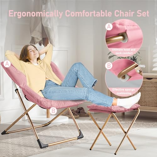 Youtanic Comfy Oversized Saucer Chair with Ottoman,Soft Faux Fur Reading Lounge Chair for Adults,Stable X-Large Metal Frame and Non-Slip Pad,Cozy Chair for Bedroom, Living Room, Dorm, Office, Pink by Youtanic - Image 3