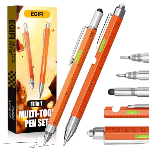 Presentes para ele, pai, marido, caneta multiferramenta 11 em 1 com luz LED, régua, nível, chave de fenda, caneta, cabeça chata, utensílios legais de aniversário para homens que têm tudo, laranja