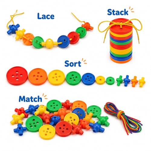 Rardsay 40 Pcs Big Bright Craft Buttons Stacking Toy Plastic Assorted Vivid Button Colors Geometric Shaped Buttons Colorful Large Beads Button Lacing Threading for Arts DIY Crafts Projects - Image 5