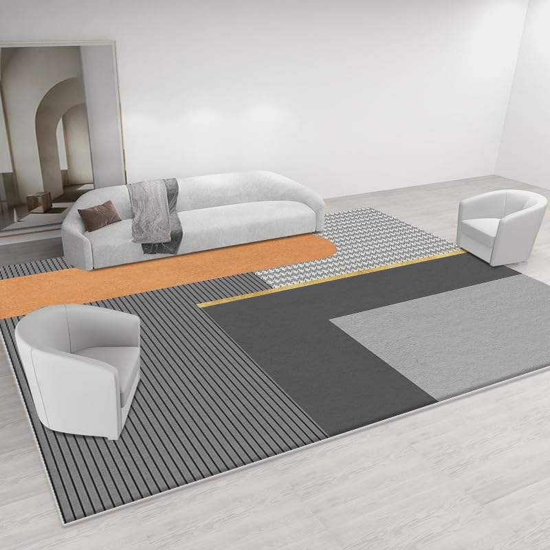 Tapis extra grand 200 x 290 cm salon lavable gris et orange à lignes géométriques