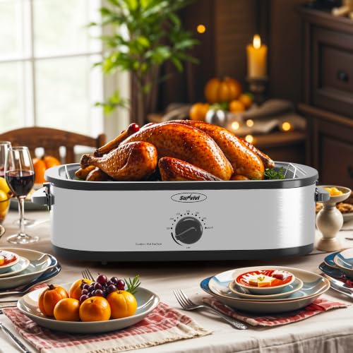 Sunvivi 14-Quart Electric Roaster Oven with Self-Basting Lid, Turkey Roaster Oven with Removable Pan and Rack, Stainless Steel, Silver by SUNVIVI - Image 6