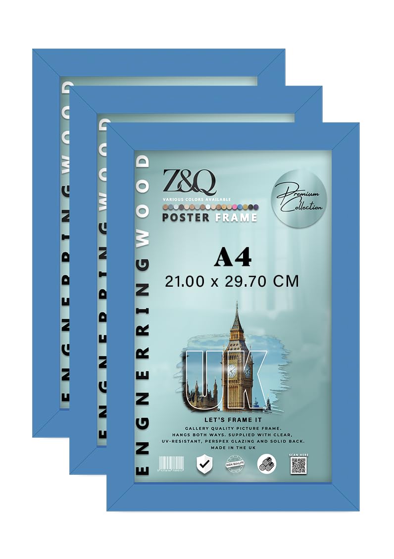 Z&Q Pack of 3 MDF Wood Finish A4 (21.00 x 29.70 CM) Poster/Picture Frame | for Art Gallery, Room Wall Decor 11 x 8 Inch Portrait/Landscape Display [ Blue ]
