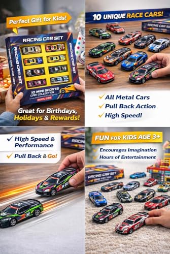 Image of Cable World Set of 10 Mini Racing Metal Die Cast Car Set | Khilona Metal Car for Kids | Pull Back Vehicles | Best Birthday Gift, Return Gift, Diwali Gift for Boys and Girls (Multi Color & Design)