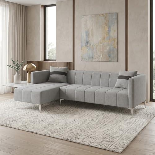 Image of Solomon Luxe Velvet-Suede Fabric 5 Seater LHS L Shape Sofa | Comfortable & Spacious Seating | Modern Sofa for Living Room - Light Gray
