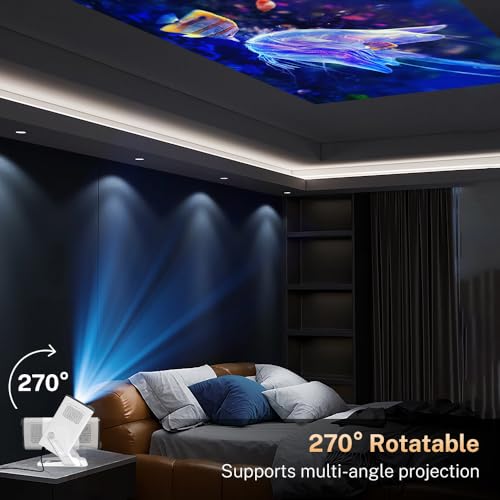 Mini Projector for Bedroom Portable WiFi 6 and Bluetooth 5.4, Built-in Apps Android 14 OS 1080P Support Ceiling Home Theater Auto Keystone 270° Rotatable Indoor Outdoor VisualCube 300 White