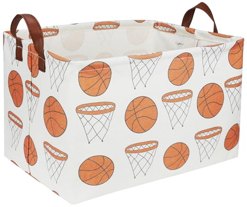 Image of Rectangular Baketball Baskets,Kids Basket for Boy.Waterproof PE Coating Cute Basket with Handles.Boys Bin,Toys Box,Books Bins. (Basketball)