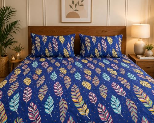Image of Premium Double Queen Size Bedsheet with 2 Pillow Covers - Vibrant Feather Print, Soft & Breathable Cotton Blend, 90 x 100 Inch (228 x 254 cm)