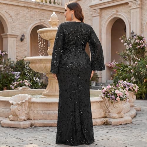 Image of Plus Size Formal Dresses for Women with Embroidery Sequin and Cape Sleeve, V-Neck Maxi Dress for Wedding and Party