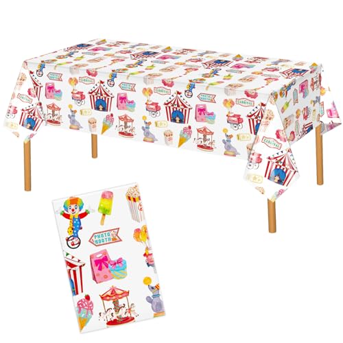 Image of Hxezoc 54 x 108 Inch Circus Party Tablecloths Disposable Plastic Carnival Table Cover for Carnival Birthday Party Decorations Outdoor Indoor Supplies