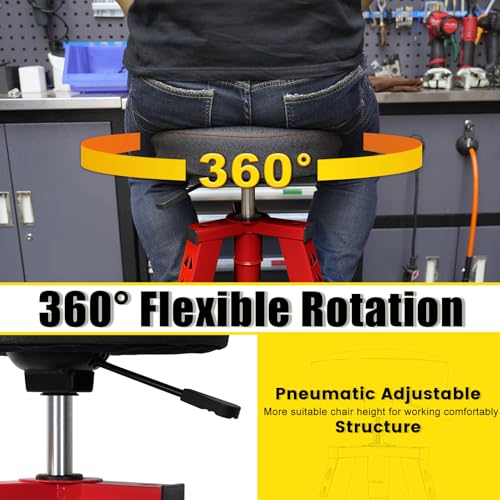 Image of Adjustable Tall Shop Stool, Mechanic Garage Bar Stool Chair, Work Metal Chair for Workshop,360 Swivel Padded Seat, Tool Tray Storage, 350 LBS Capacity, Heavy Duty, Red