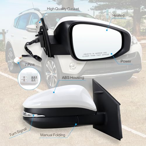 Right Passenger Side Mirror Fits 2013-2015 Toyota RAV4 with Power Heated Turn Signal and Manual Folding Without Blind Spot Match White Replace 87910-0R080 (7Pins) by Lqito - Image 2
