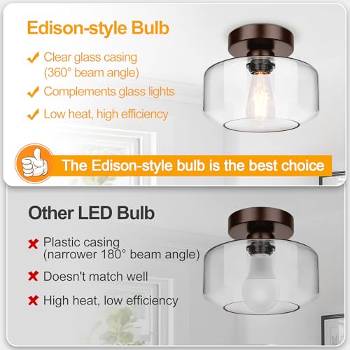 Industrial Semi Flush Mount Ceiling Light Brown, 800 Lumen LED Bulb Included, Clear Glass Shade Ceiling Light Fixture, Light Fixture for Hallway Bathroom Bedroom, Vintage Hanging Light Fixtures - Thumbnail 3