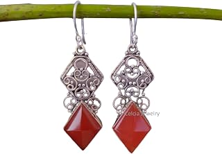 Pure 925 Sterling Silver Dangle Drop Earrings For Women, Natural Red Onyx Square Gemstone Amazing Handcrafted Designing Jewelry For Her