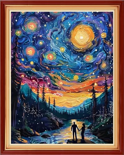 Image of Funchey Stamped Cross Stitch Kits, DIY Cross Stitch Pattern for Adults Beginners Needlepoint Kits Embroidery Kit Arts and Crafts 11CT-Romantic Couples Under the Starry Sky 16x20 inch