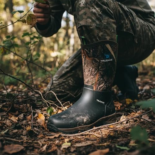 Image of Trudave Rubber Boots for Men with Steel Shank, Waterproof Mid Calf Mens Rain Boots, 5.5mm Neoprene Insulated Mud Work Boots for Garde