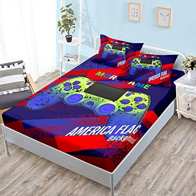 HOSIMA Gaming Bedding Gamepad Fitted Sheet Twin Size and Gamer Bedding Sets for Boys Used to Gamer Room Decor,1 Fitted Sheet+2 Pillowcases.