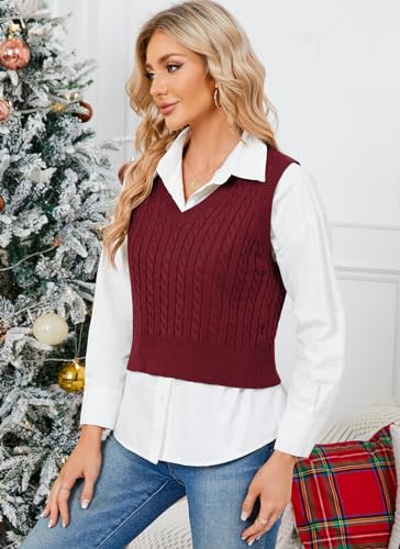 Image of HOCOSIT Women's Knitted V-Neck Vest Argyle Plaid Preppy Style Sleeveless Pullover Crop Sweater Vest