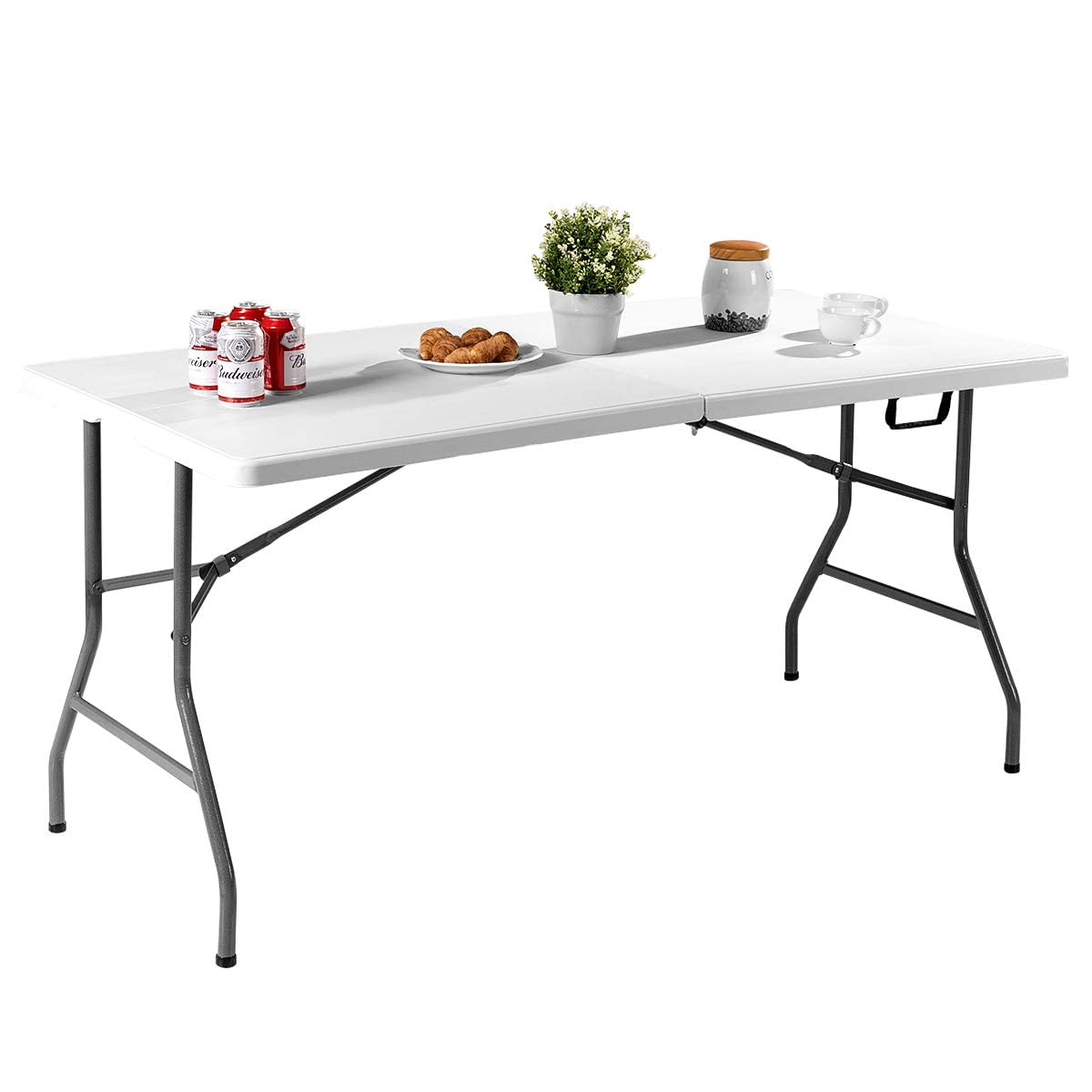 GYMAX Tavolo da Campeggio a Valigetta in Acciaio, Tavolo da Picnic Pieghevole e Portatile, Con Piano Impermeabile, Maniglie e Cuscinetti Antiscivolo, con Portata di 150 kg, 153 x 74 x 73 cm
