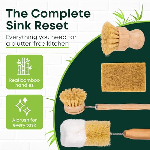 Image of Tieralia Bamboo Dish Brush Set 5 Piece - Eco Friendly Kitchen Cleaning Kit with Bottle Brush, Long Dish Brush, Palm Scrubber & 2 Plant-Based Sponges | Plastic-Free Natural Dish Scrubber