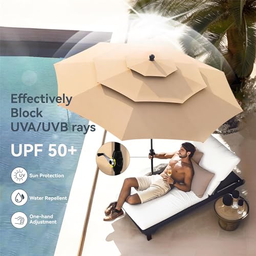 Image of PHI VILLA 10ft Patio Umbrellas, Outdoor 3 Tier Vented Large Market Table Umbrella with 8 Sturdy Ribs and 1.5 inch Umbrellla Pole for Lawn Poolside Garden Terrace, Beige(No Base)