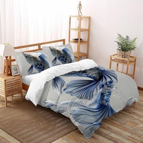 Housse de couette poisson à écailles blanches en microfibre douce imprimée en 3D relief - 2