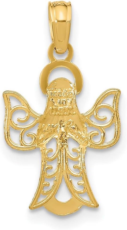 JewelryWeb 12mm 14k Gold Religious Guardian Angel With Filigree Cut-out Wings 2-d Textured and High Polish Charm Pendant Necklace for Women