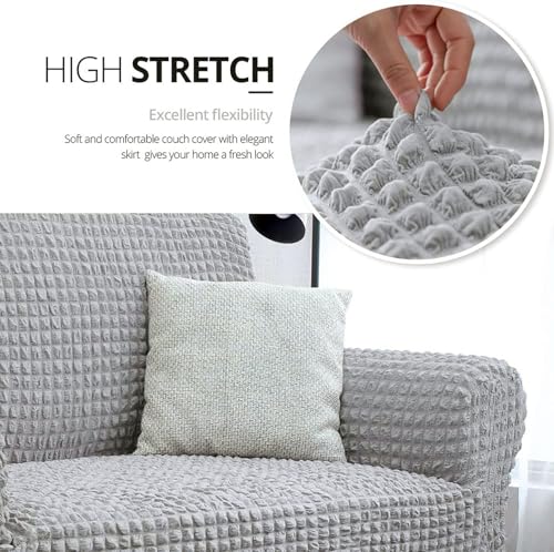 Image of House of Quirk Turkish Bubble Frill Five Seater 3 + 1 + 1 Sofa Slipcovers 280 GSM, Durable Washable Universal Triple Seater High Elastic Furniture Protector (Light Grey)
