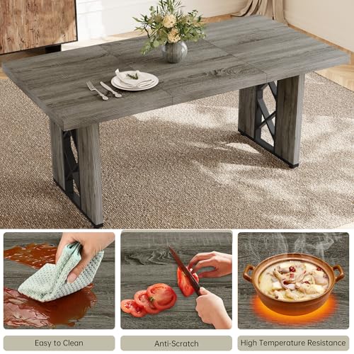 HIPIHOM 3-Piece Dining Table Set for 6-8 People, 70.8\'\' Rectangle Kitchen Table with 2 Benches for Breakfast Nook, Dining Room Furniture(Grey Table+Bench)